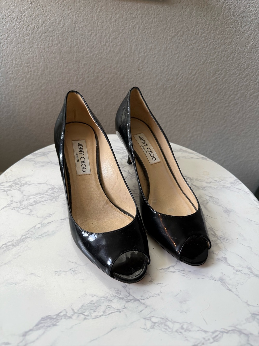 Jimmy Choo Black Patent Leather Peep-Toe Heels